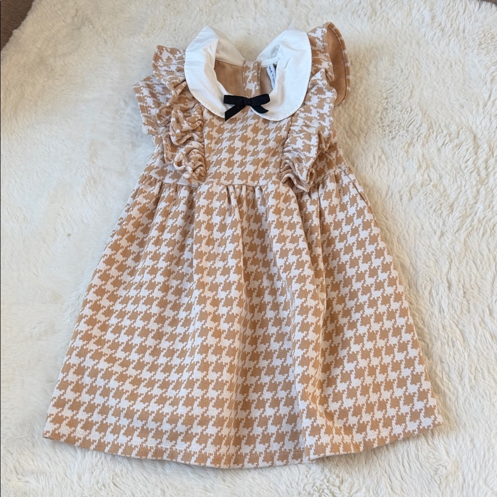 Janie and Jack Beige and White Houndstooth Dress with Black Bow
